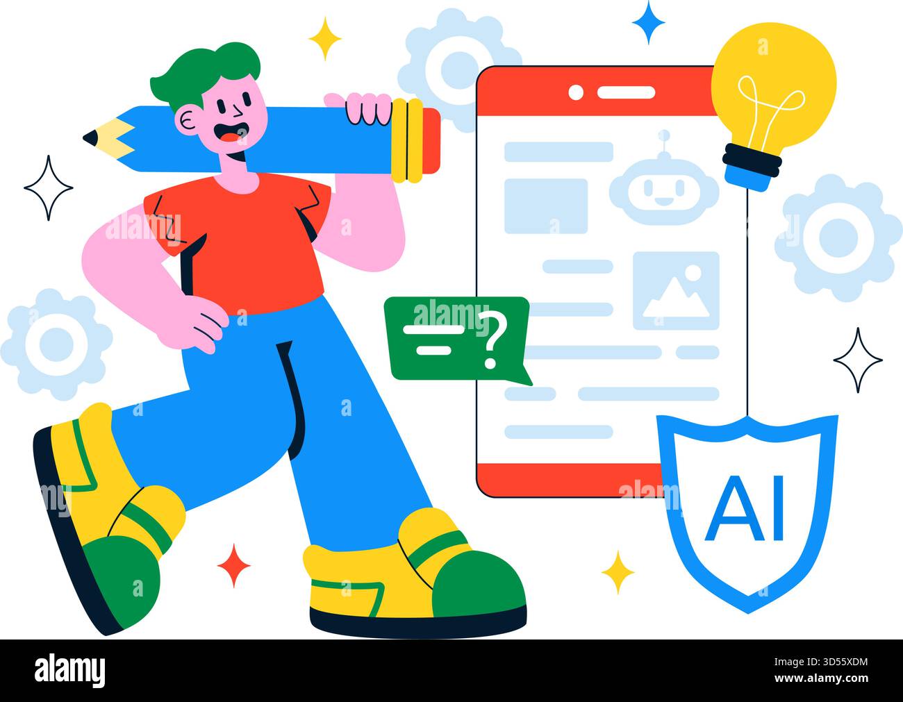 AI Writing Assistant Illustration with Artificial Intelligence Technology For Translation, Chatbot Interaction, Code Generation, And Article Writing Stock Vector