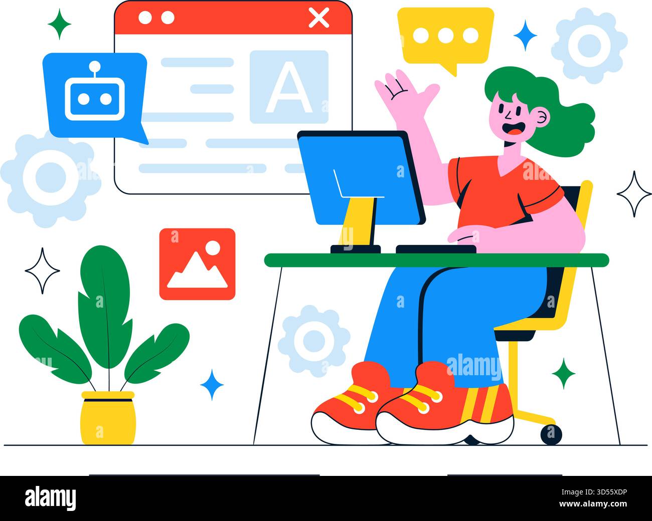 AI Writing Assistant Illustration with Artificial Intelligence Technology For Translation, Chatbot Interaction, Code Generation, And Article Writing Stock Vector