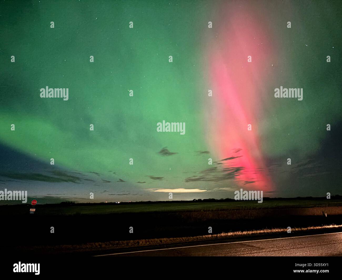 Vibrant northern lights with green and pink hues illuminate a dark prairie sky above a flat landscape and road at night. - Smartphone Captured Stock Image