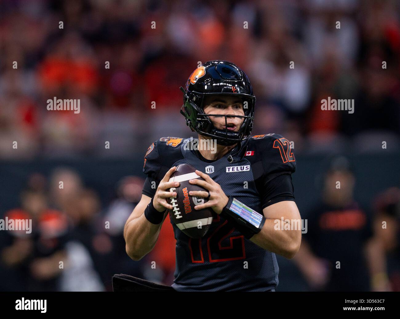B.C. Lions quarterback Nathan Rourke (12) looks for an open receiver ...