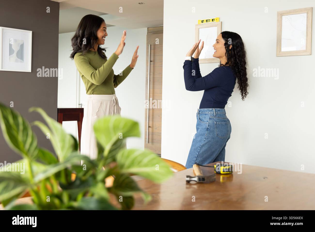 Checking Frame Diverse female friends checking frames on wall at home, using hammer ...