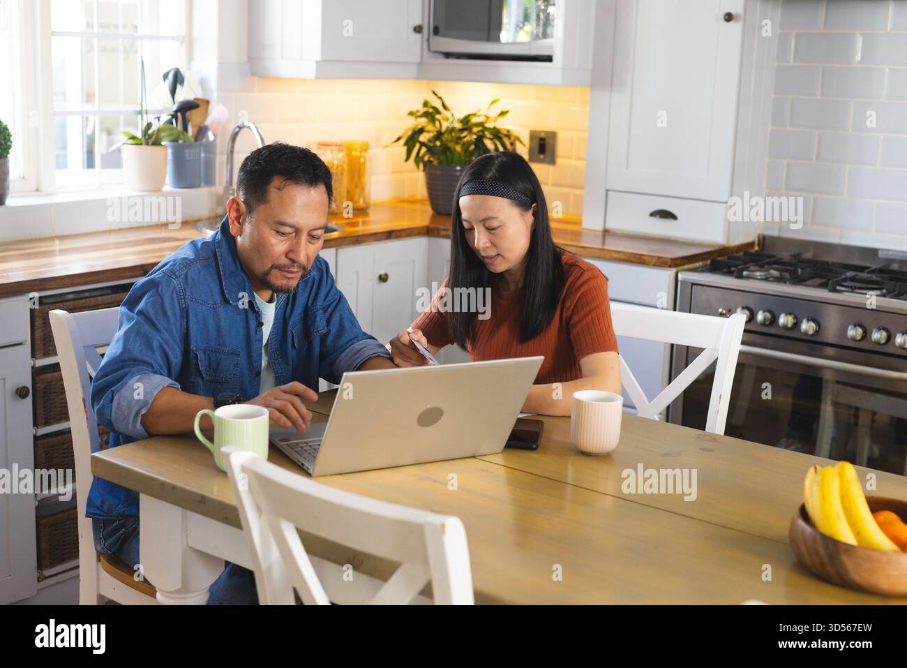 Mature couple using laptop and writing notes at kitchen table, focused on work Stock Photo