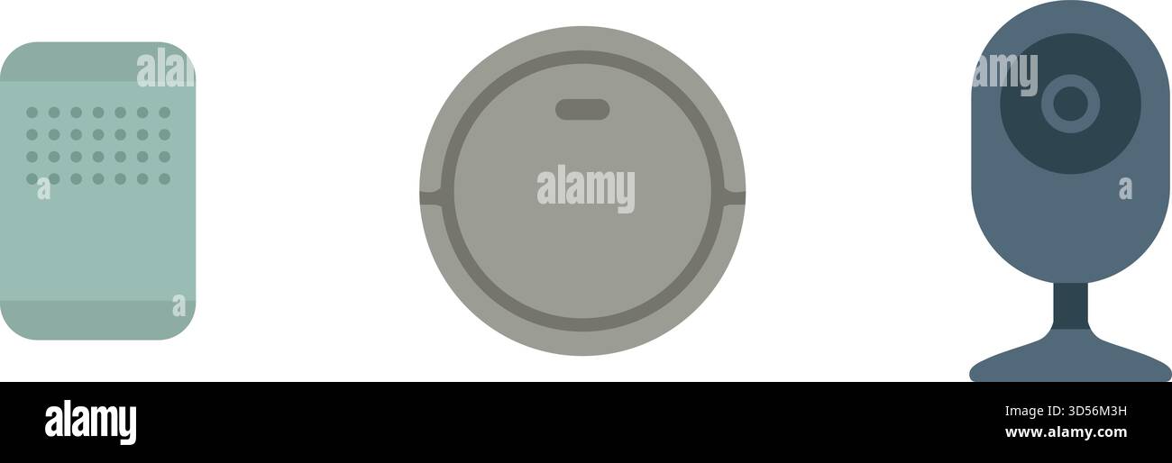 A horizontal strip showing compact smart home devices including a wall sensor tile, a round detector puck, and a small security camera on a stand Stock Vector