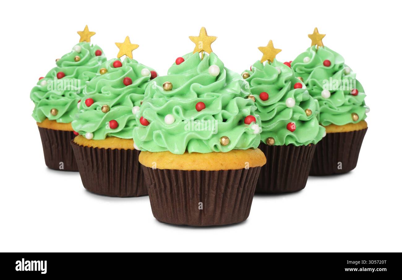 Christmas tree shaped cupcakes isolated on white Stock Photo