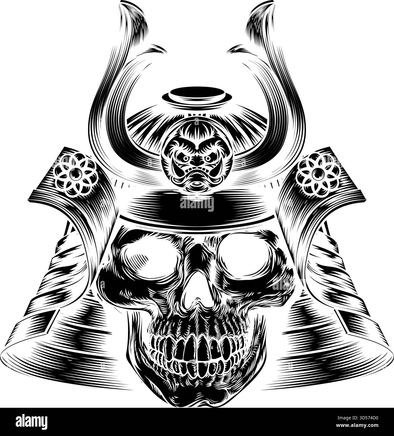 Samurai Skull Helmet Engraved Illustration Stock Vector