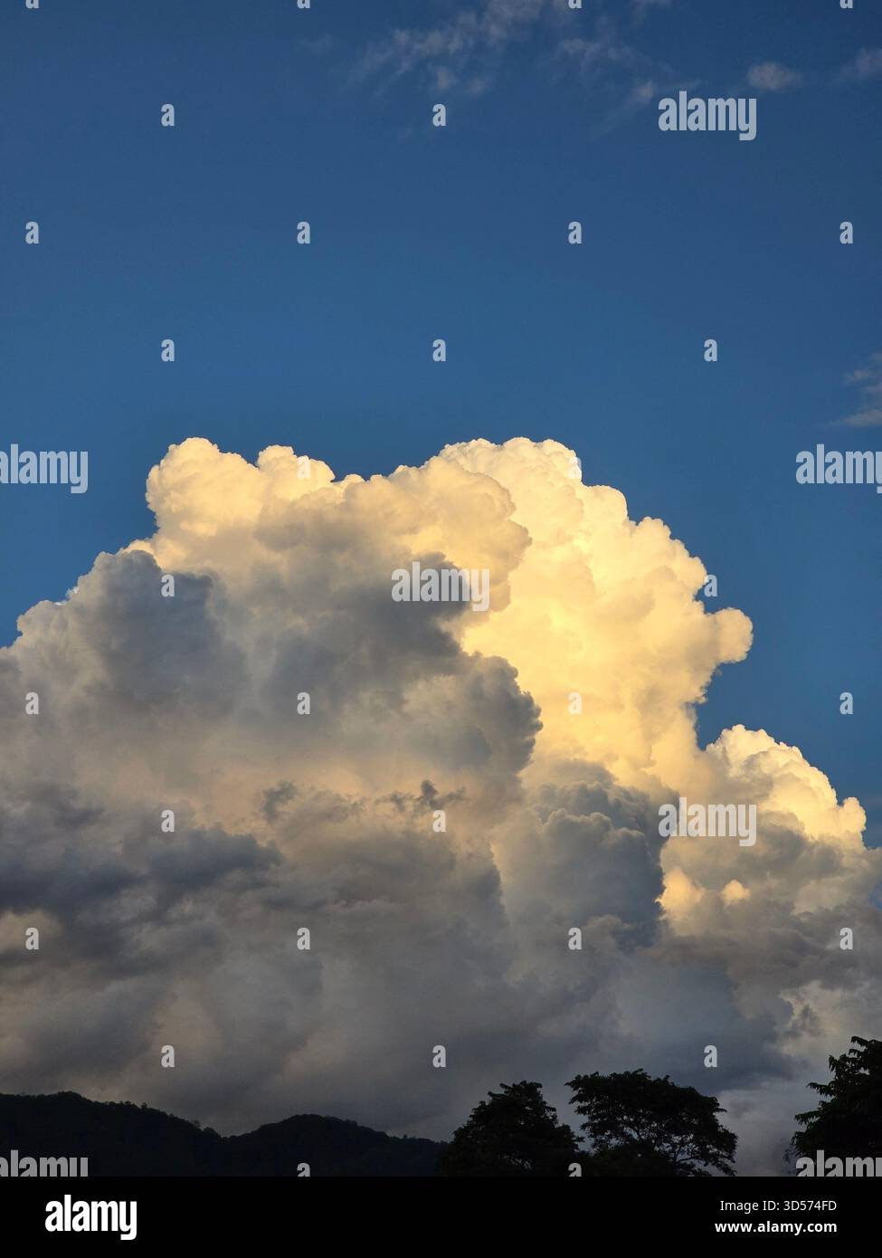 “Dramatic evening sky with towering golden clouds glowing against deep blue tones. Dark silhouettes of trees enhance the contrast, creating a powerful and peaceful natural scene.” - Smartphone Captured Stock Image