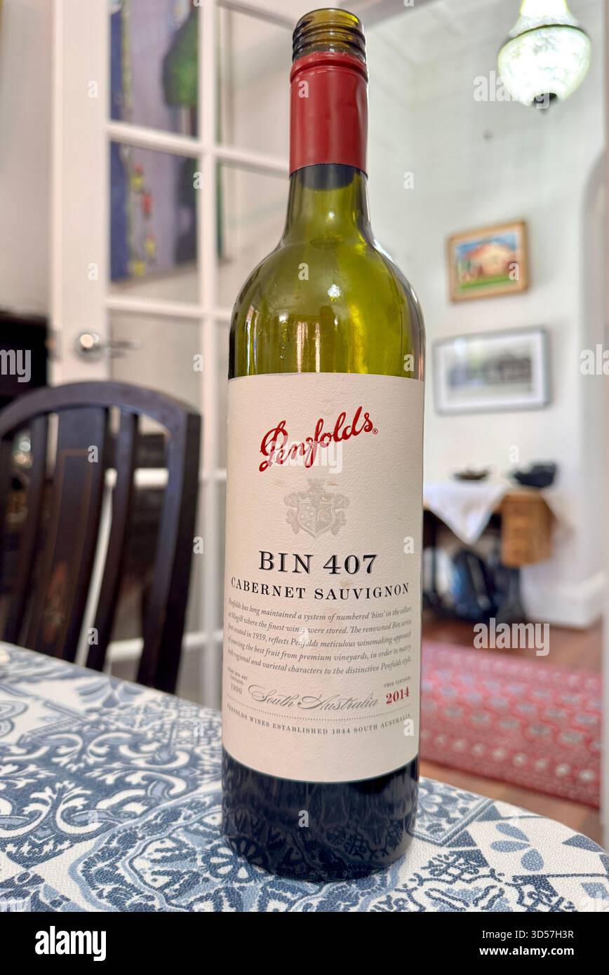 Bottle of premium South Australian wine Penfolds Bin 407 2014 Cabernet Sauvignon - Smartphone Captured Stock Image