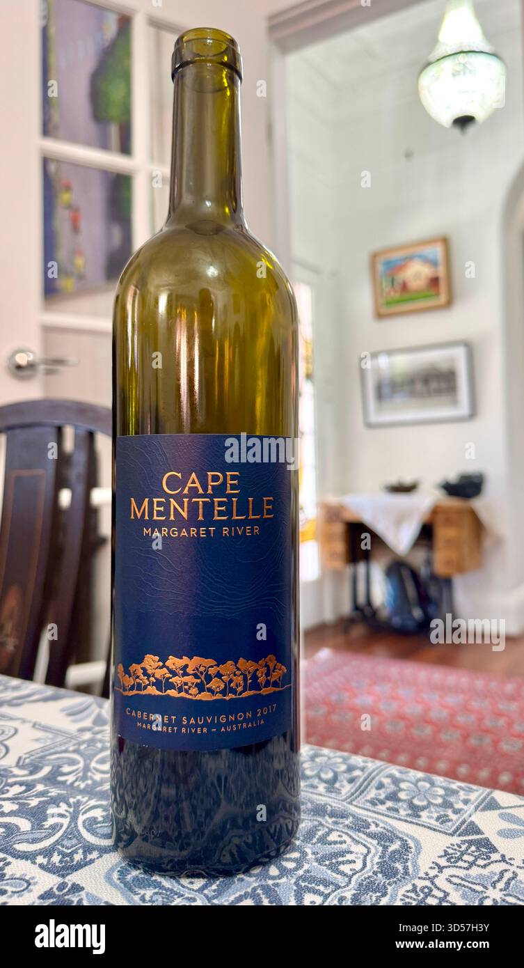 Bottle of premium Margaret River wine Cape Mentelle 2017 Cabernet Sauvignon from Western Australia - Smartphone Captured Stock Image