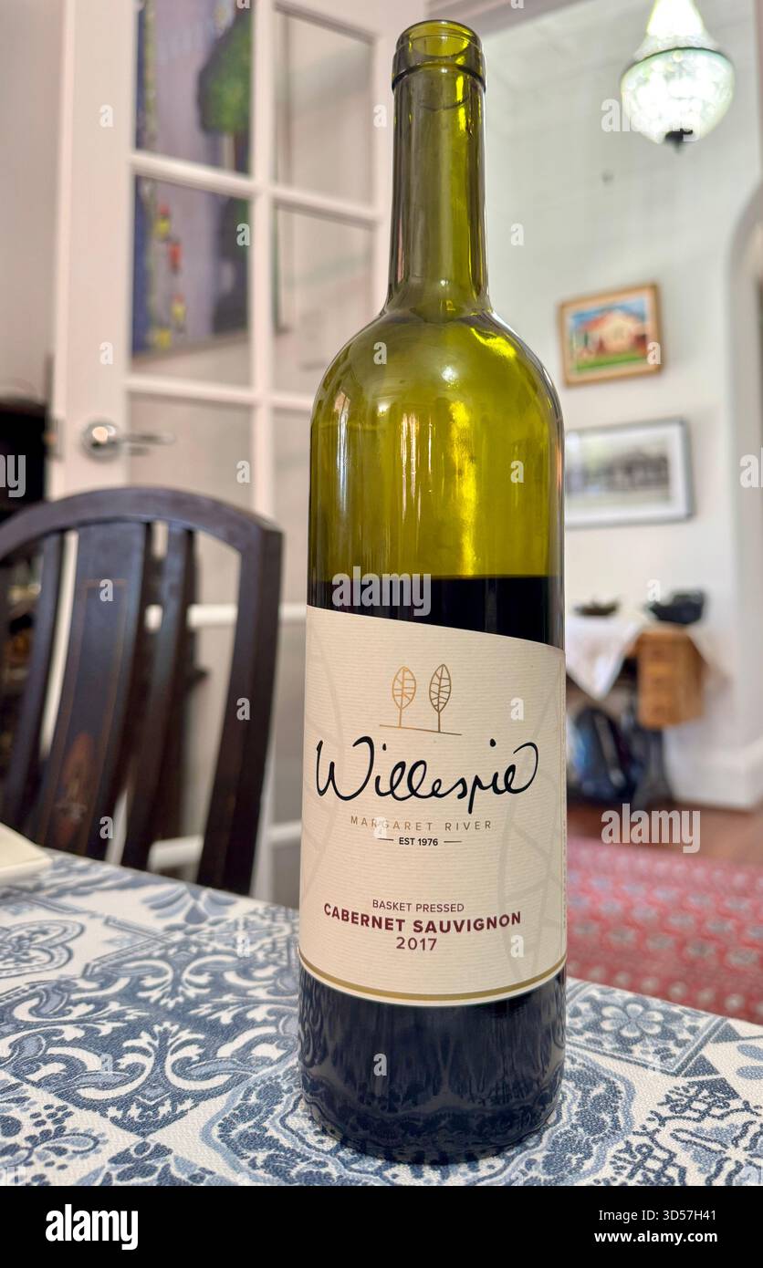 Bottle of premium Margaret River wine Willespie 2017 Cabernet Sauvignon from Western Australia - Smartphone Captured Stock Image