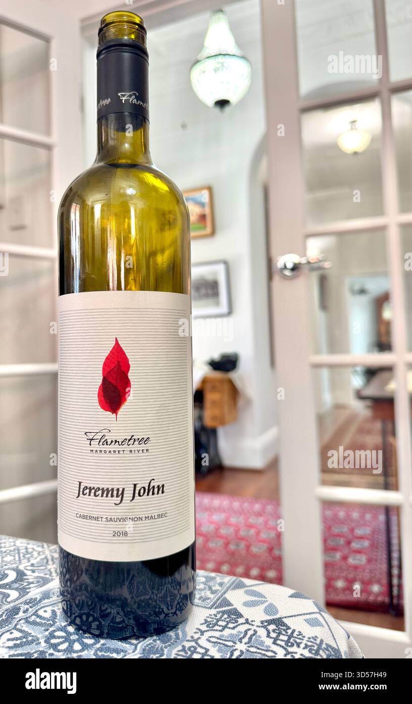 Bottle of premium Margaret River wine Flametree Jeremy John 2018 Cabernet Sauvignon from Western Australia - Smartphone Captured Stock Image
