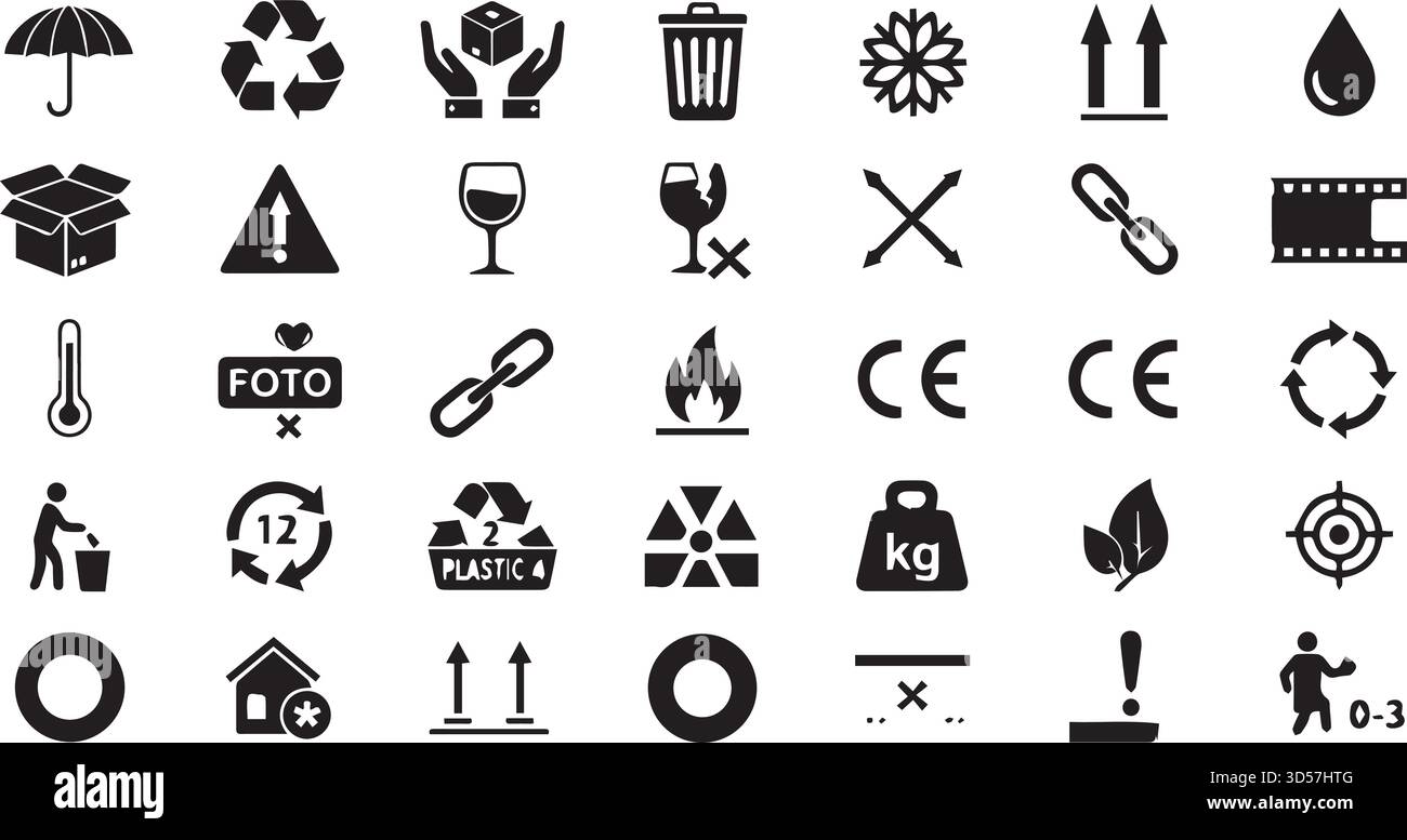 Packaging symbols vector set. Handling and logistic pictograms. Black icons on white background. Stock Vector