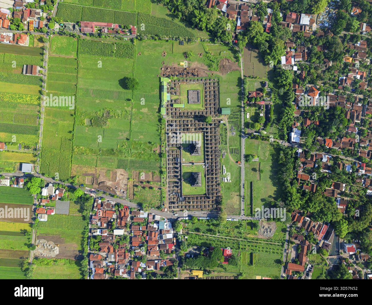 Aerial view of the ancient Plaosan Temple complex standing majestically ...