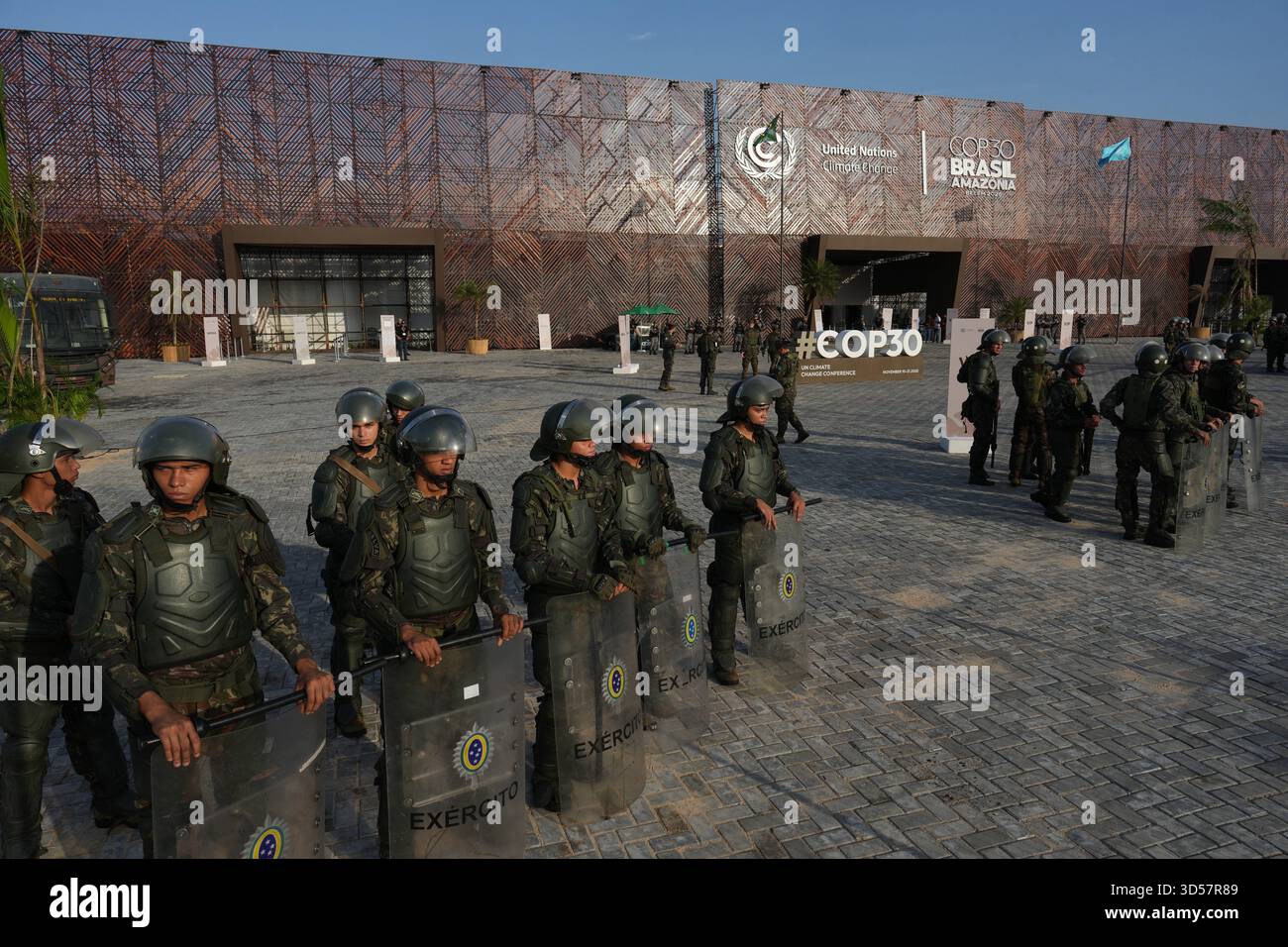 Soldiers stand guard outside the venue for COP30 U.N. Climate Summit ...