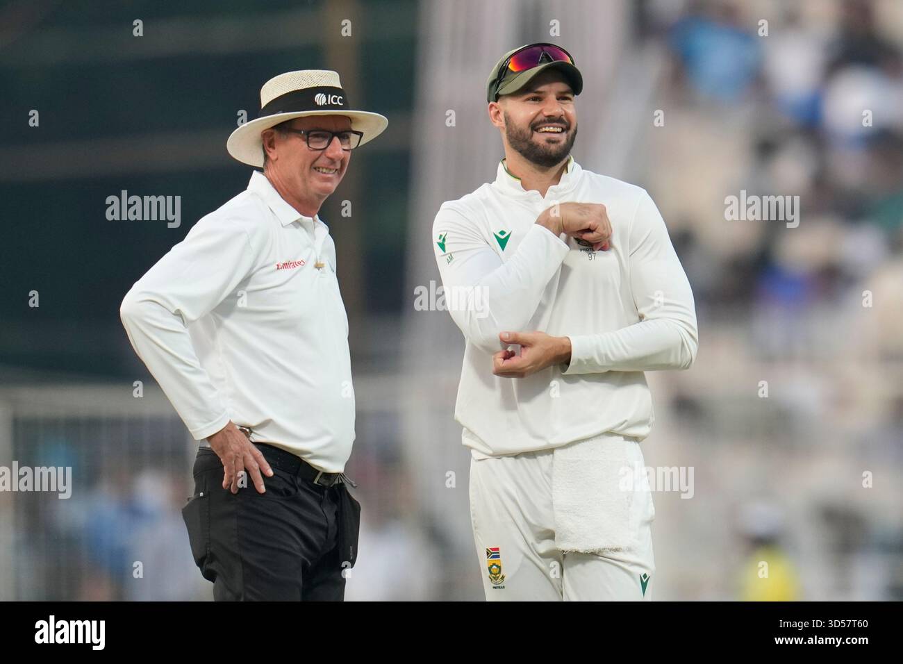 South Africa's Aiden Markram, right, interacts with umpire Rod Tucker ...