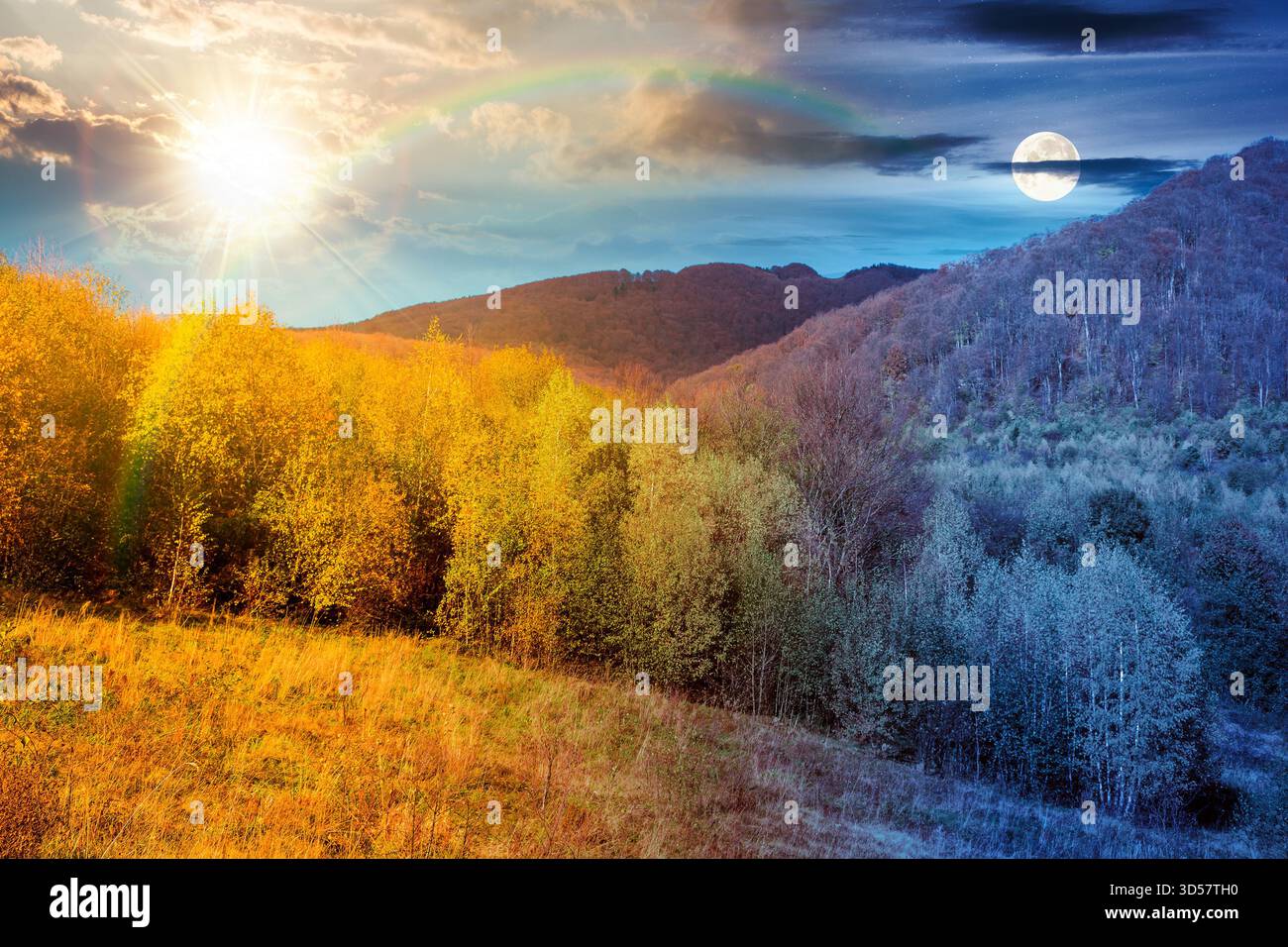 mountain landscape with forest on autumn equinox. day and night time change concept. nature park with birch trees in colorful foliage with sun and moo Stock Photo