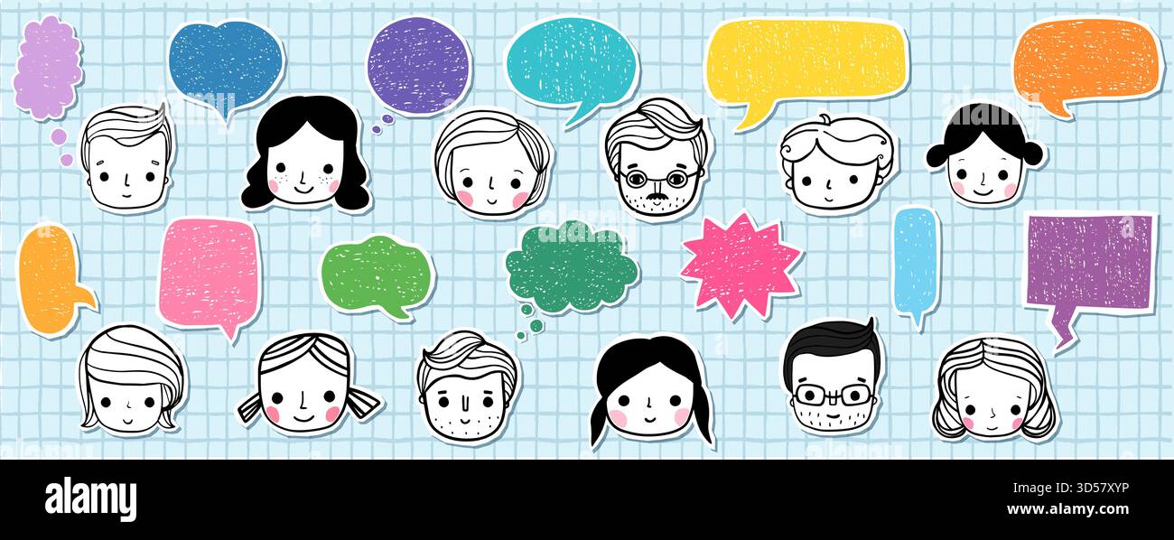 Cute hand drawn vector faces and doodle speech bubbles, fun people illustrations and empty text dialogs for graphic design Stock Vector