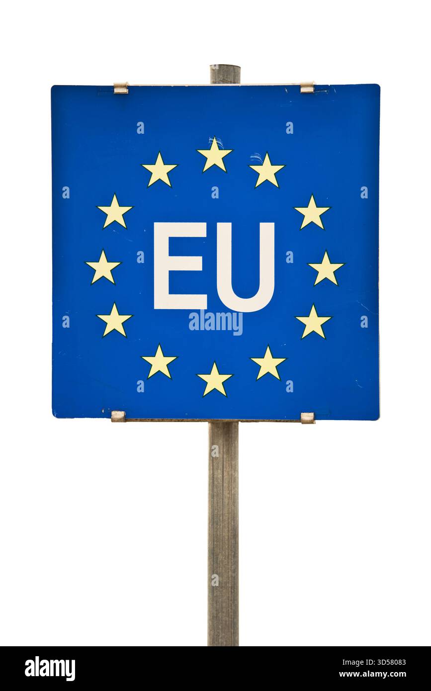 Close up photo of a EU (European Union) border blue square post sign isolated on white background, cut out Stock Photo