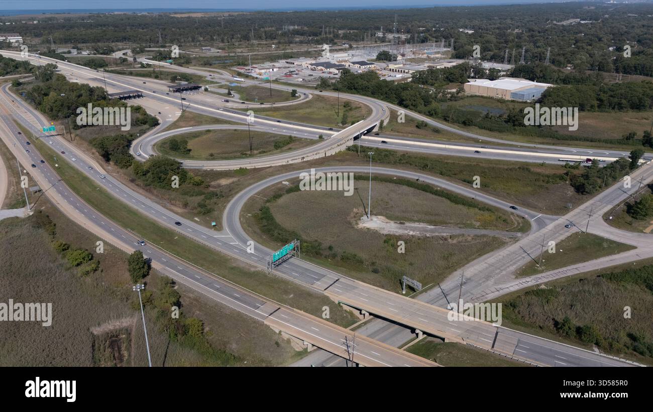 Vehicles are moving along the complex highway interchange Stock Photo