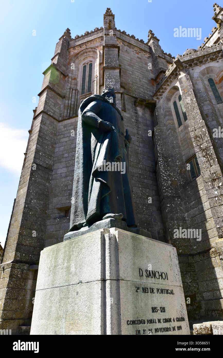 Guarda city, cathedral (Gothic and Manueline, 14-16th century). Statue of Sancho I king of Portugal. Beiras, Portugal. Stock Photo