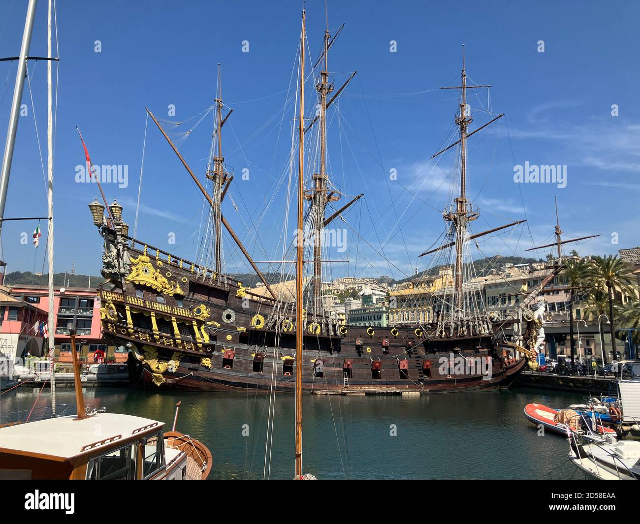 Italy. Genoa. Side view of The Vascello Neptune replica galleon in harbour. Stock Photo
