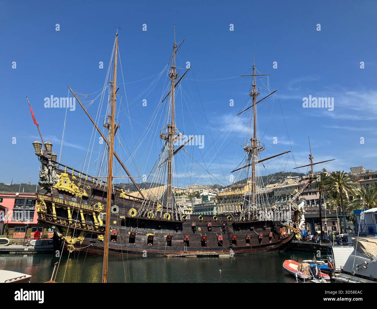 Italy. Genoa. Side view of The Vascello Neptune replica galleon in harbour. Stock Photo