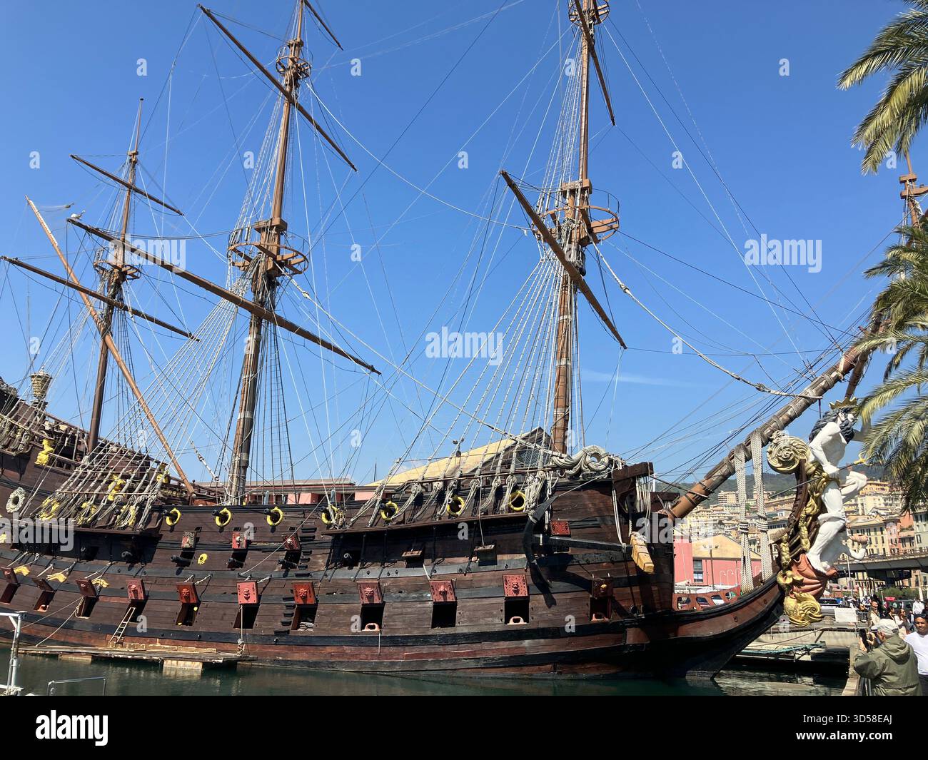 Italy. Genoa. Side view bow of The Vascello Neptune replica galleon in harbour. Stock Photo