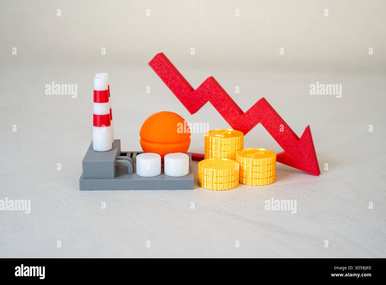 Reduced Demand Industrial plant and red arrow down. Declining output, economic ...
