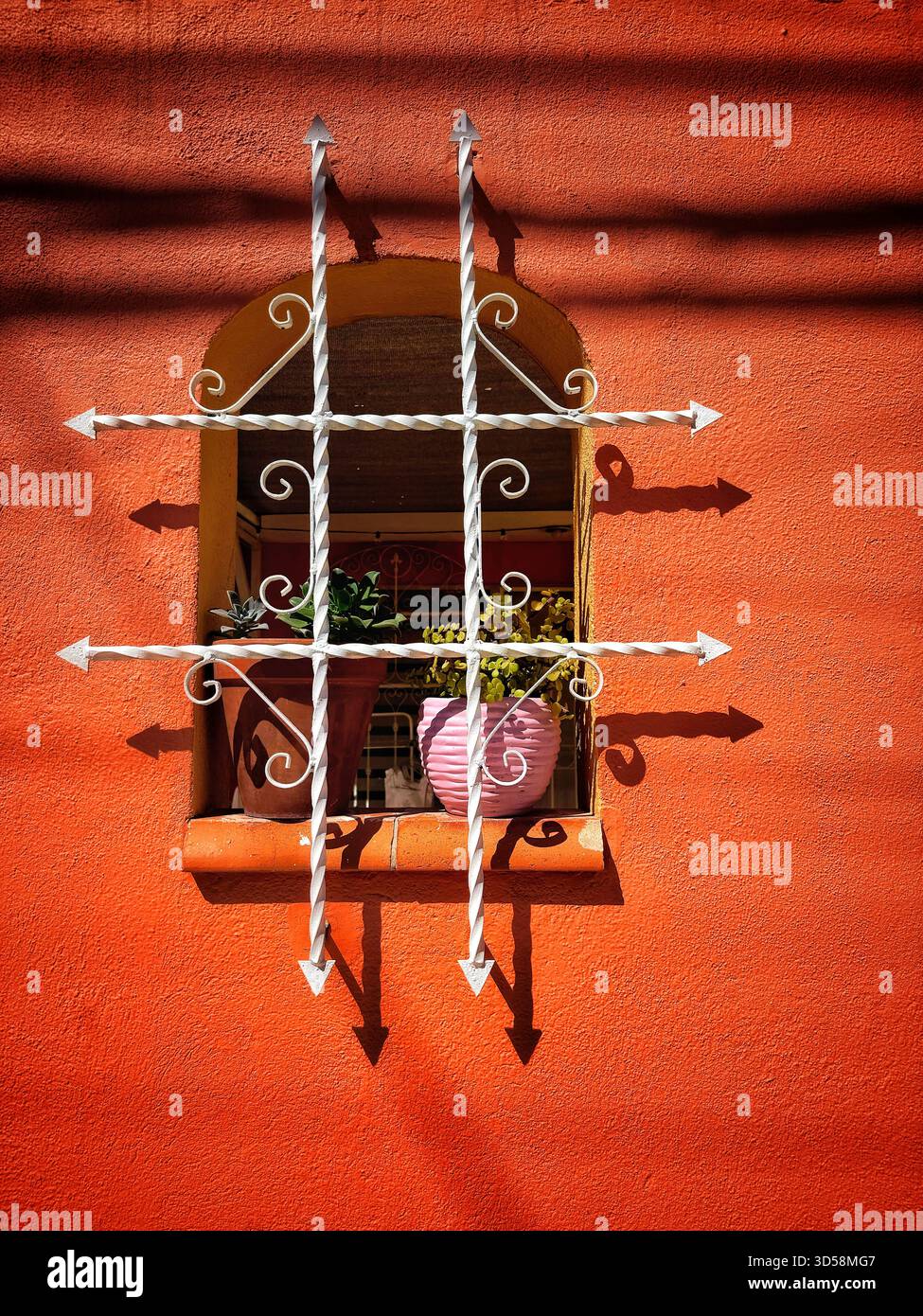 Decorative iron-barred window with potted plants set into a vibrant terracotta-colored stucco wall under sunlight - Smartphone Captured Stock Image