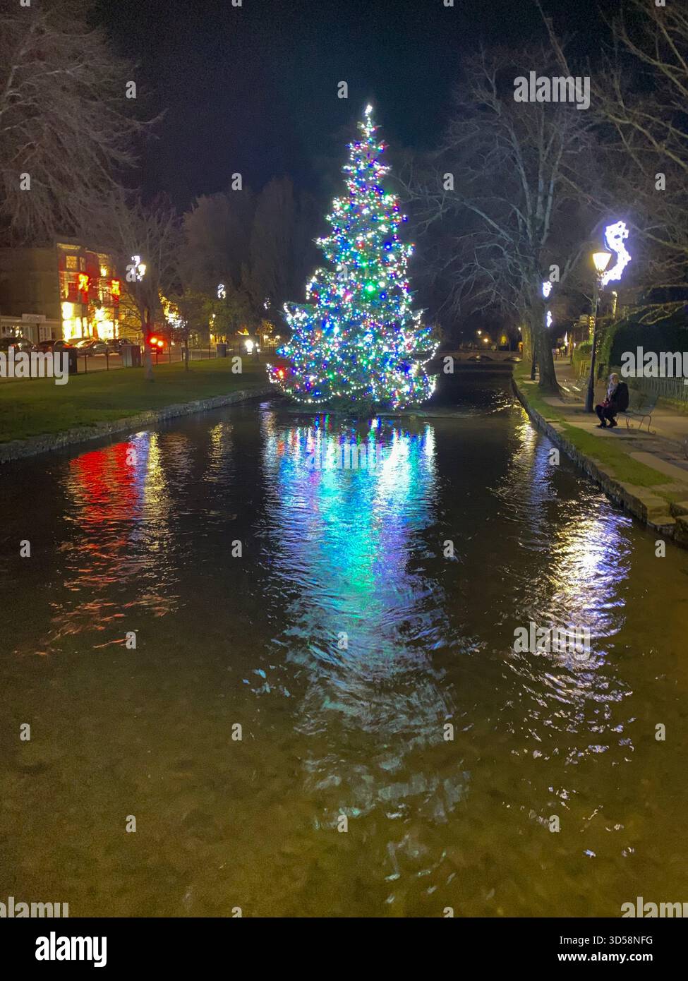 A village Christmas tree stands in the middle of the shallow river Windrush in Bouton-on-the-Water, nicknamed ;Venice of the Cotswolds’ because of its - Smartphone Captured Stock Image