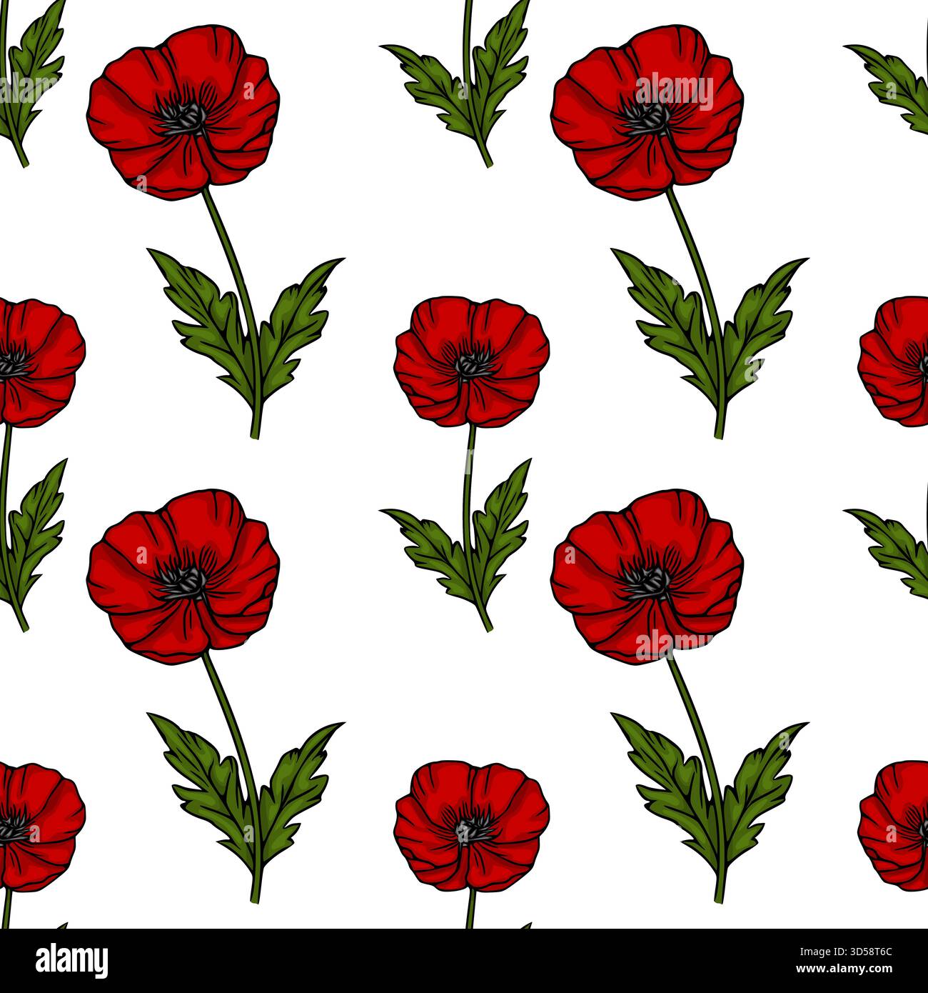 Seamless vector pattern of vibrant red poppies with green leaves on a ...