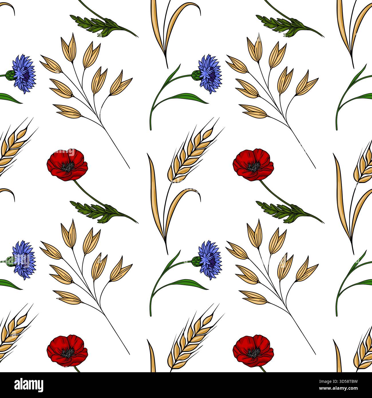 Seamless vector pattern of stylized wheat stalks, vibrant red poppies, and delicate blue cornflowers on a white background. Stock Vector