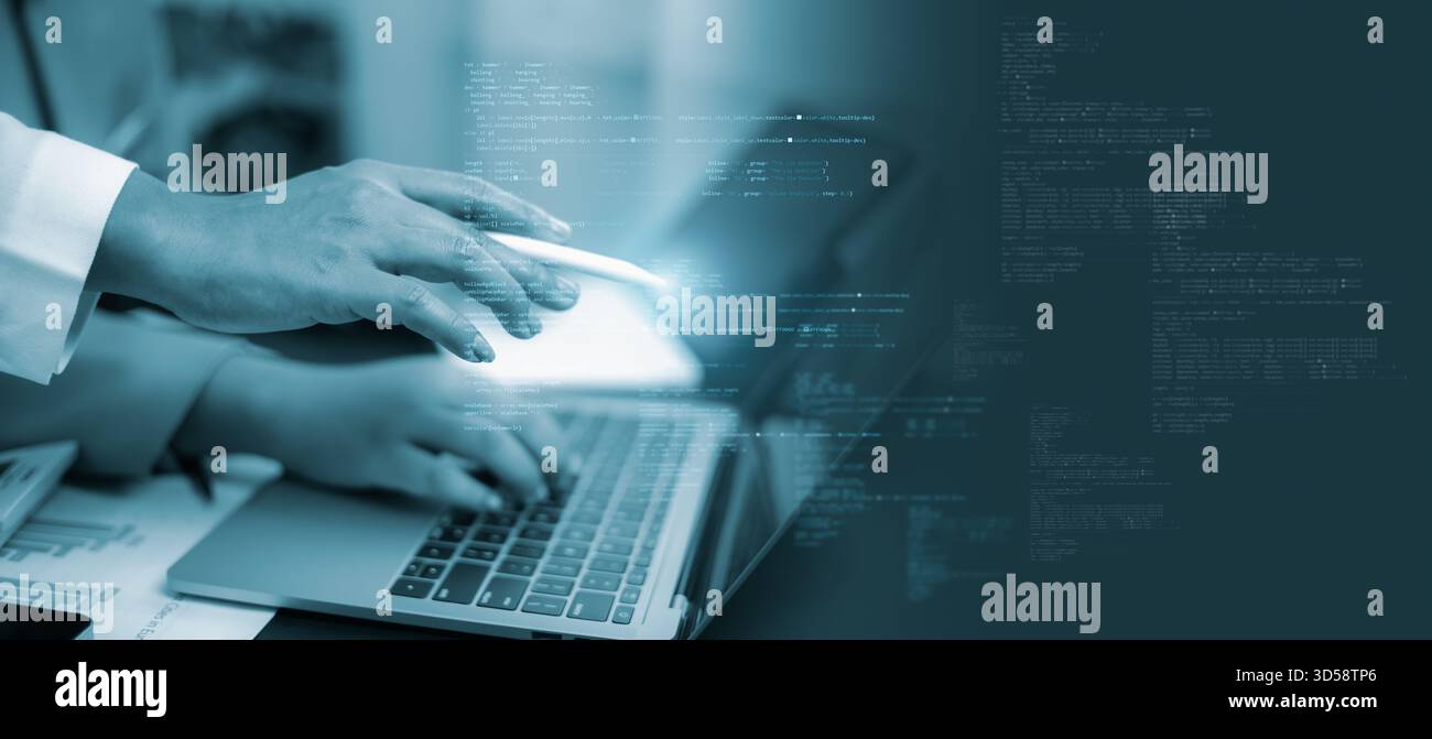 IT professional analyzing digital code with stylus and laptop, showing cybersecurity interface, software development process and programming technolog Stock Photo