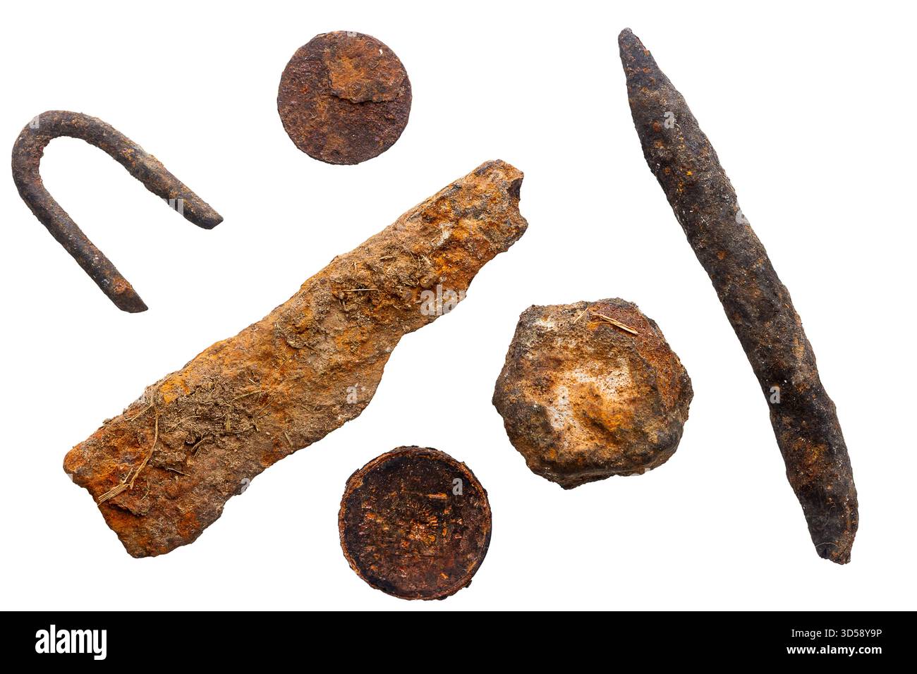 Collection of various old rusty objects isolated on a white background ...