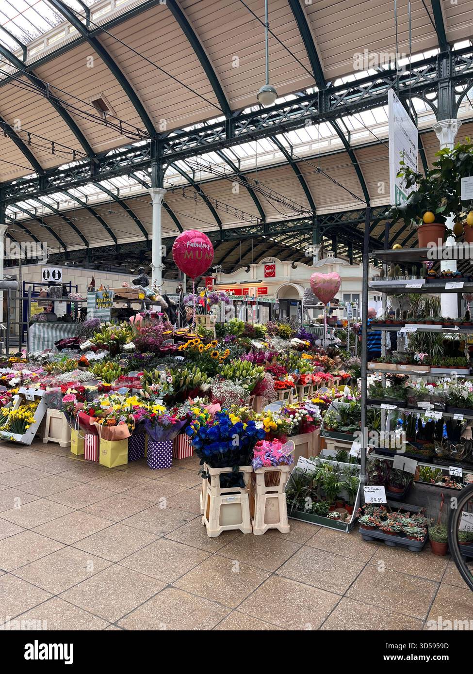 A colorful display of fresh flowers inside Hull’s historic indoor market. Bright bouquets and charming stalls showcase the city’s vibrant local trade - Smartphone Captured Stock Image