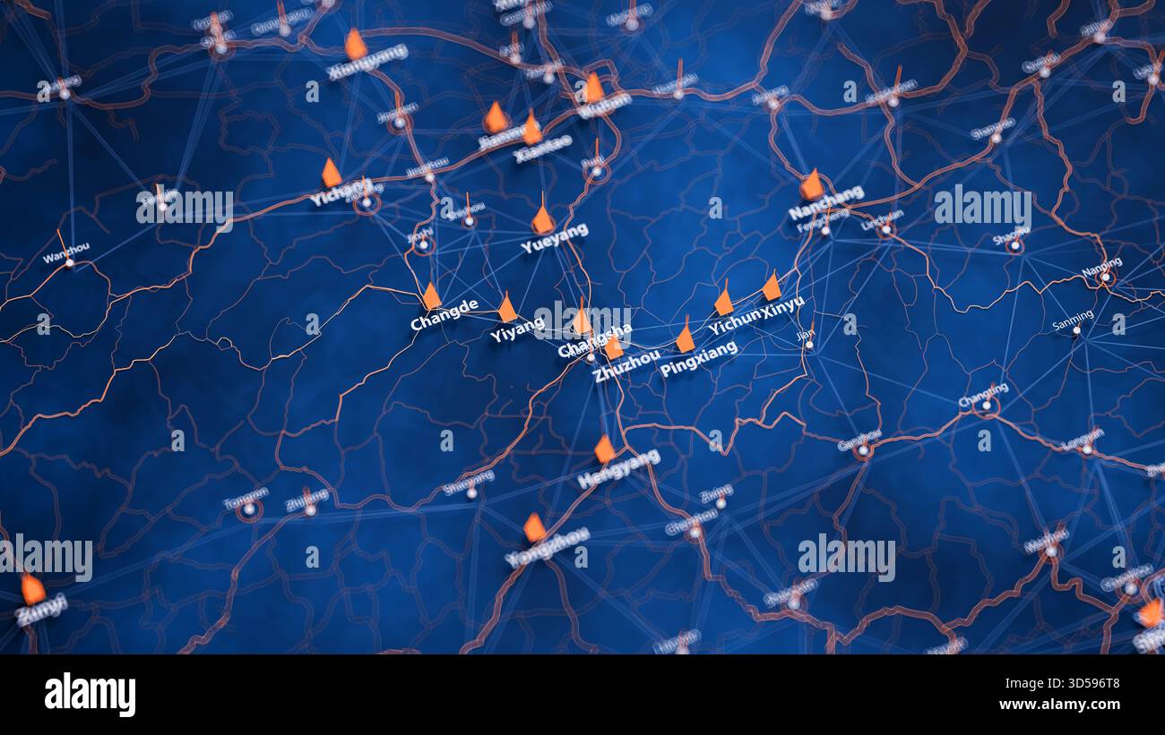 Visual Map Data Changsha map big data visualization. Futuristic map infographic of city ...