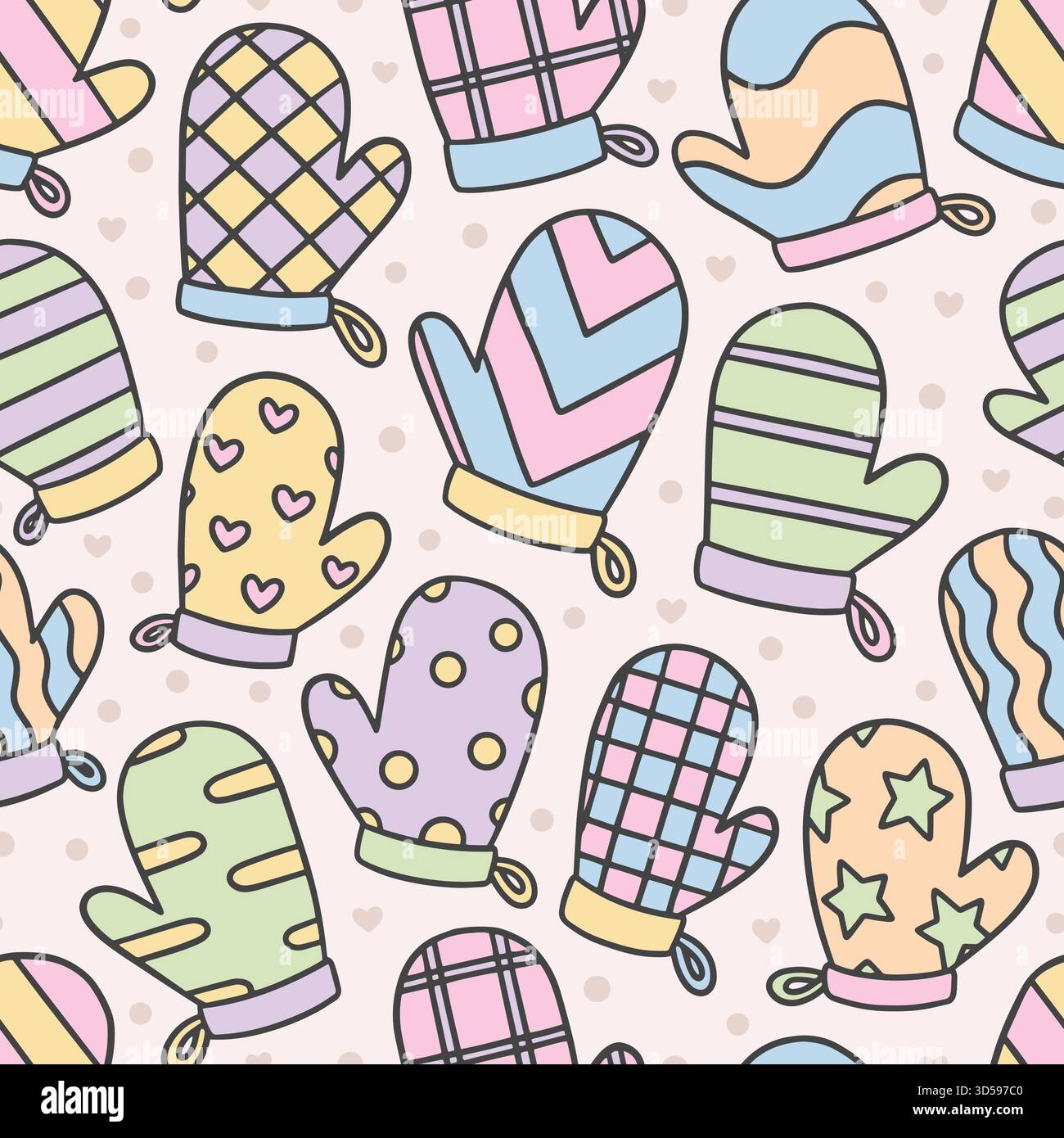 Cute Mittens Doodle seamless pattern. Vector illustration flat design background. Stock Vector