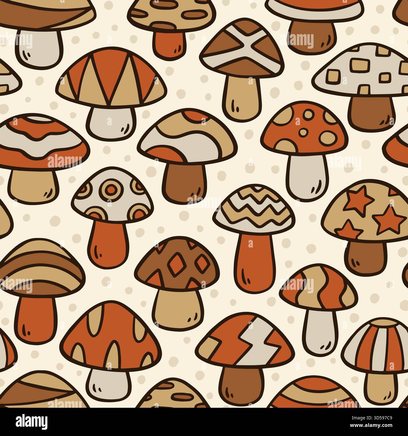 Cute Mushroom Doodle seamless pattern. Vector illustration flat design background. Stock Vector
