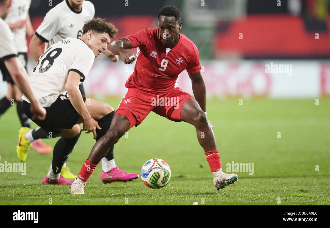 From left: Mert Koemuer (Germany), Basil Tuma Fuerth, November 14, 2025, Football, U21, UEFA European Championship Qualification, Germany - Malta Stock Photo