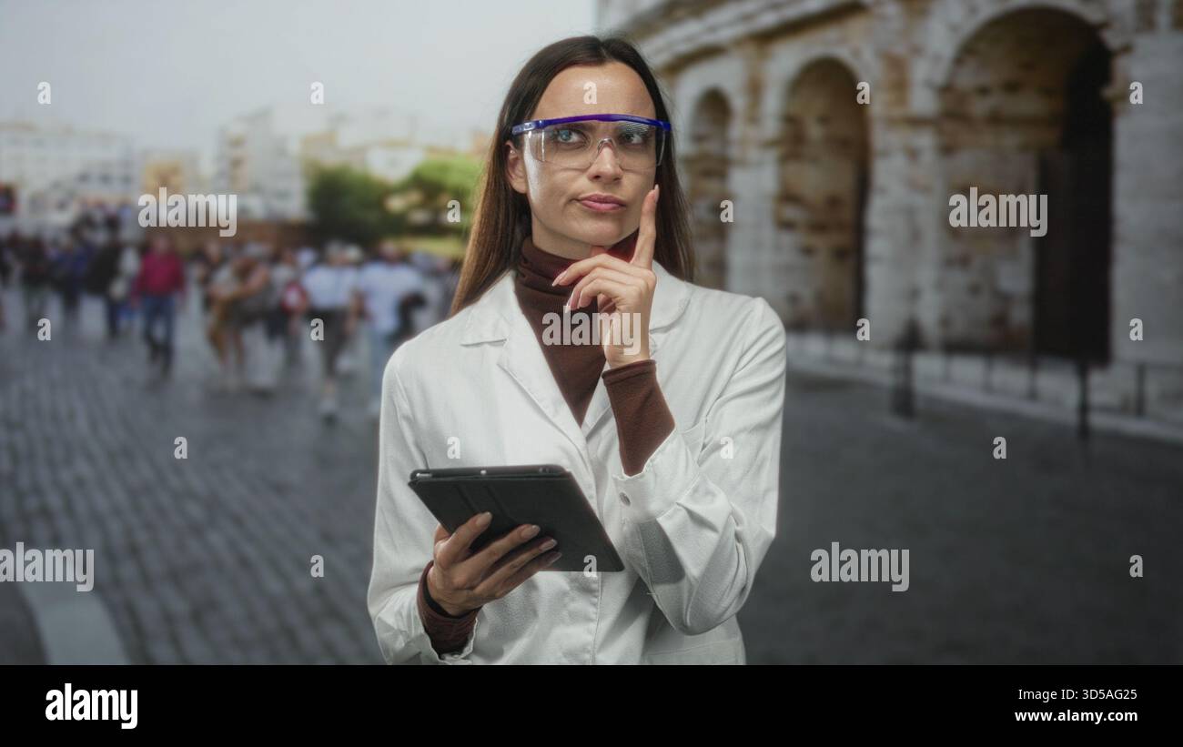 Woman scientist in white coat wearing safety goggles, holding tablet ...