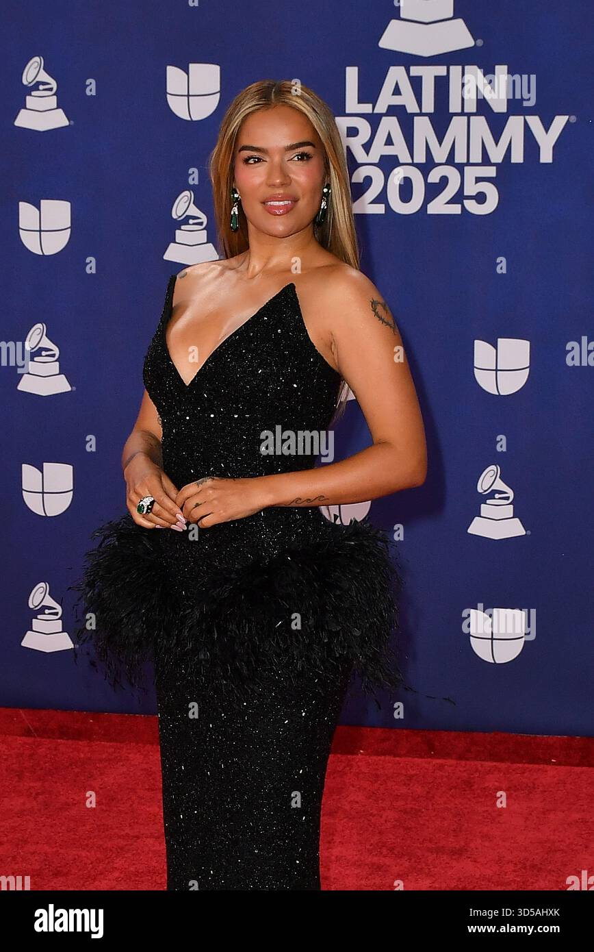 Karol G attends The 26th Annual Latin GRAMMY Awards at MGM Grand Garden Arena on November 13, 2025 in Las Vegas, Nevada. Photo: Casey Flanigan/imageSPACE/MediaPunch Stock Photo