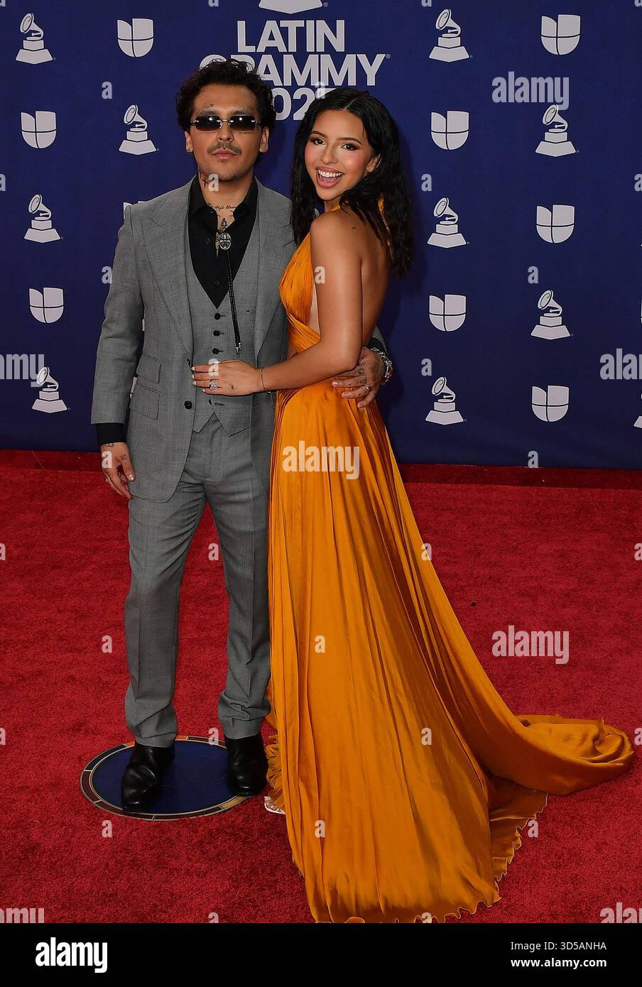 Christian Nodal and Angela Aguilar attend The 26th Annual Latin GRAMMY Awards at MGM Grand Garden Arena on November 13, 2025 in Las Vegas, Nevada. Photo: Casey Flanigan/imageSPACE/MediaPunch Stock Photo