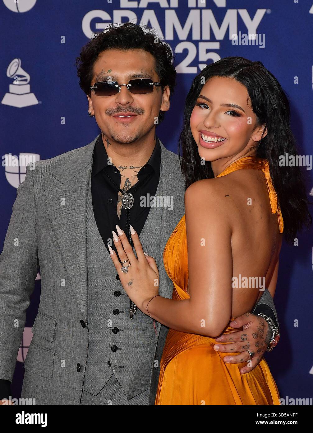 Christian Nodal and Angela Aguilar attend The 26th Annual Latin GRAMMY Awards at MGM Grand Garden Arena on November 13, 2025 in Las Vegas, Nevada. Photo: Casey Flanigan/imageSPACE/MediaPunch Stock Photo