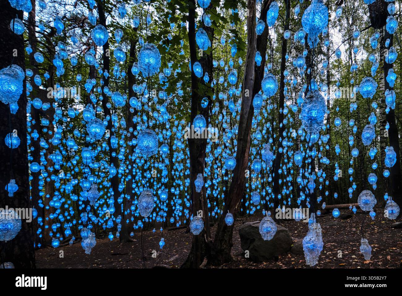 Oslo, Norway - September 7, 2025: Art Installation in Ekebergparken, lights among the trees "Nordic Pixel Forest" by Pipilotti Rist Stock Photo