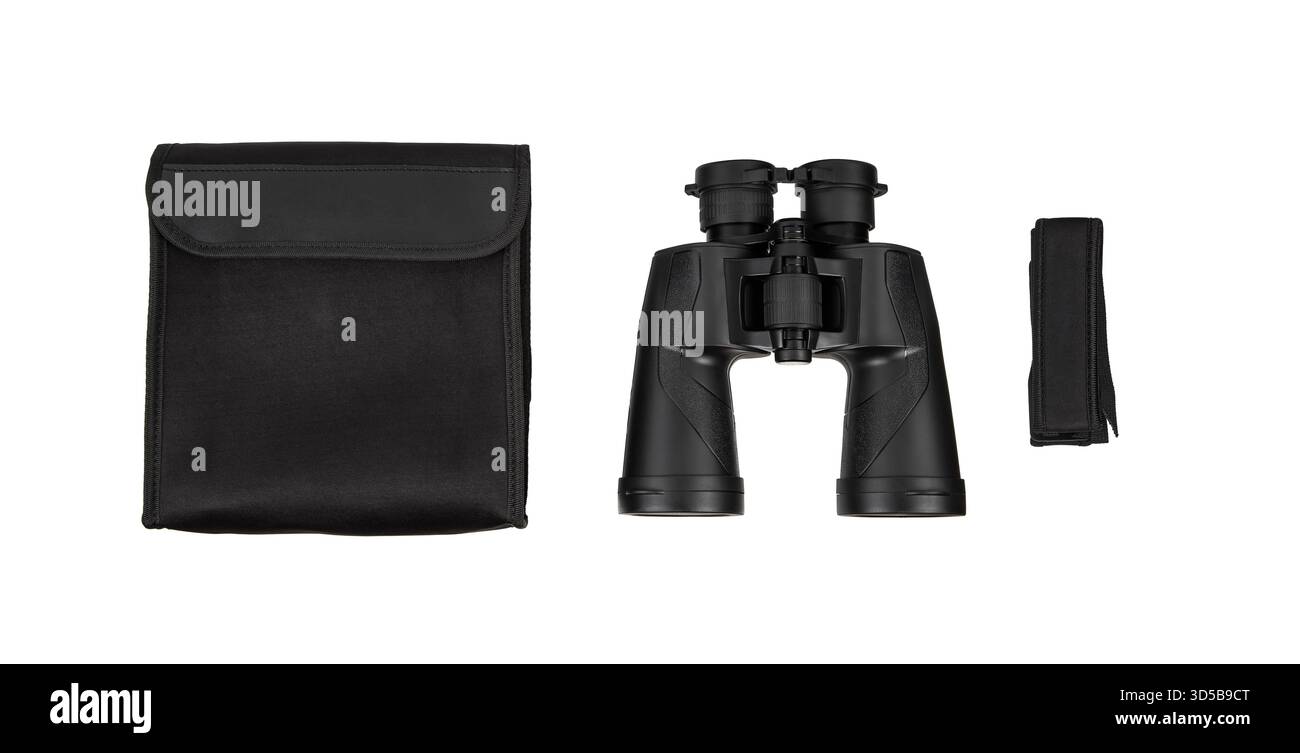 Black binoculars, carrying case, and strap displayed against a white background. Stock Photo