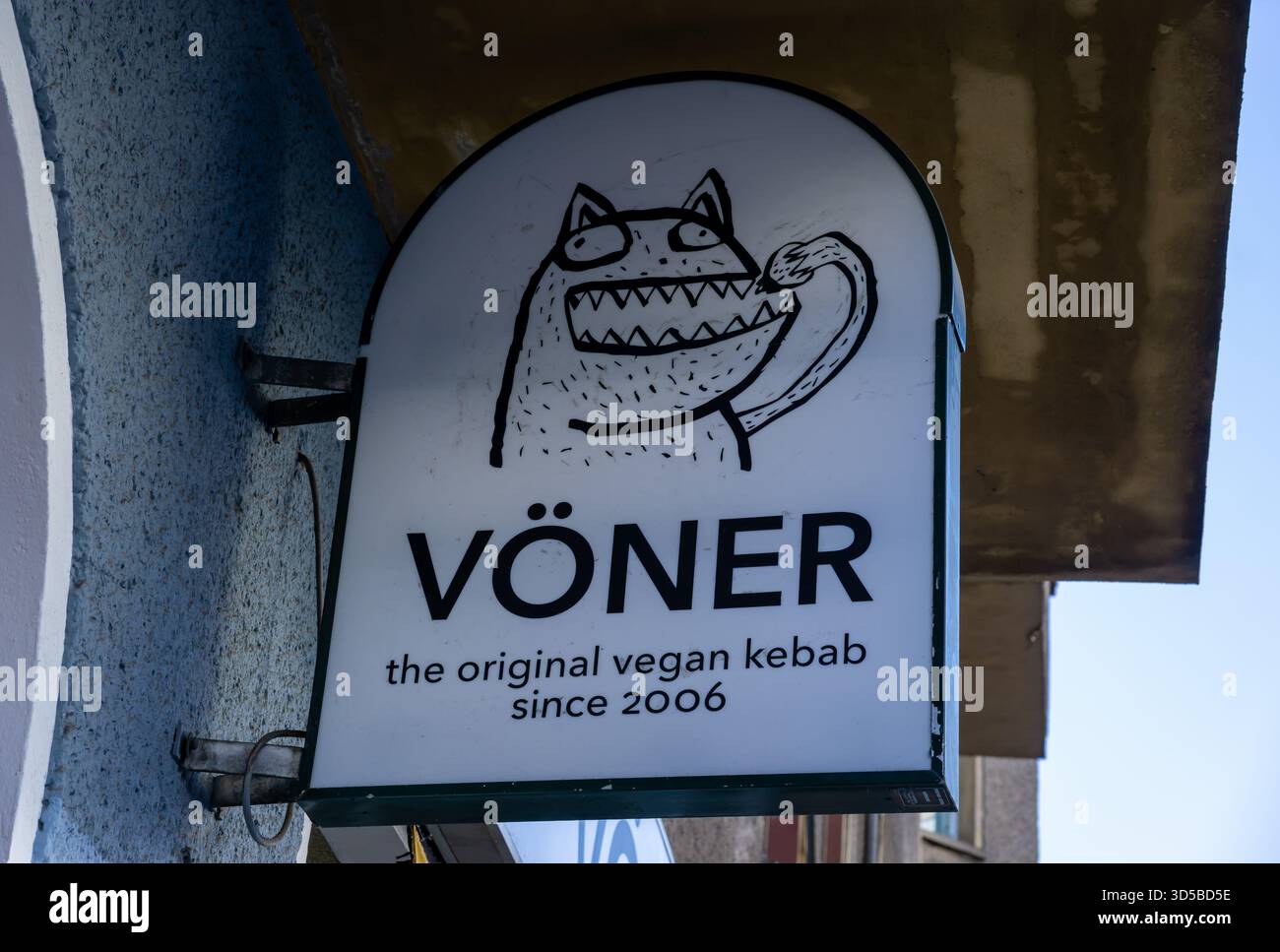The exterior sign of Vöner, a well-known vegan döner restaurant located in the Berlin district of Friedrichshain. Stock Photo