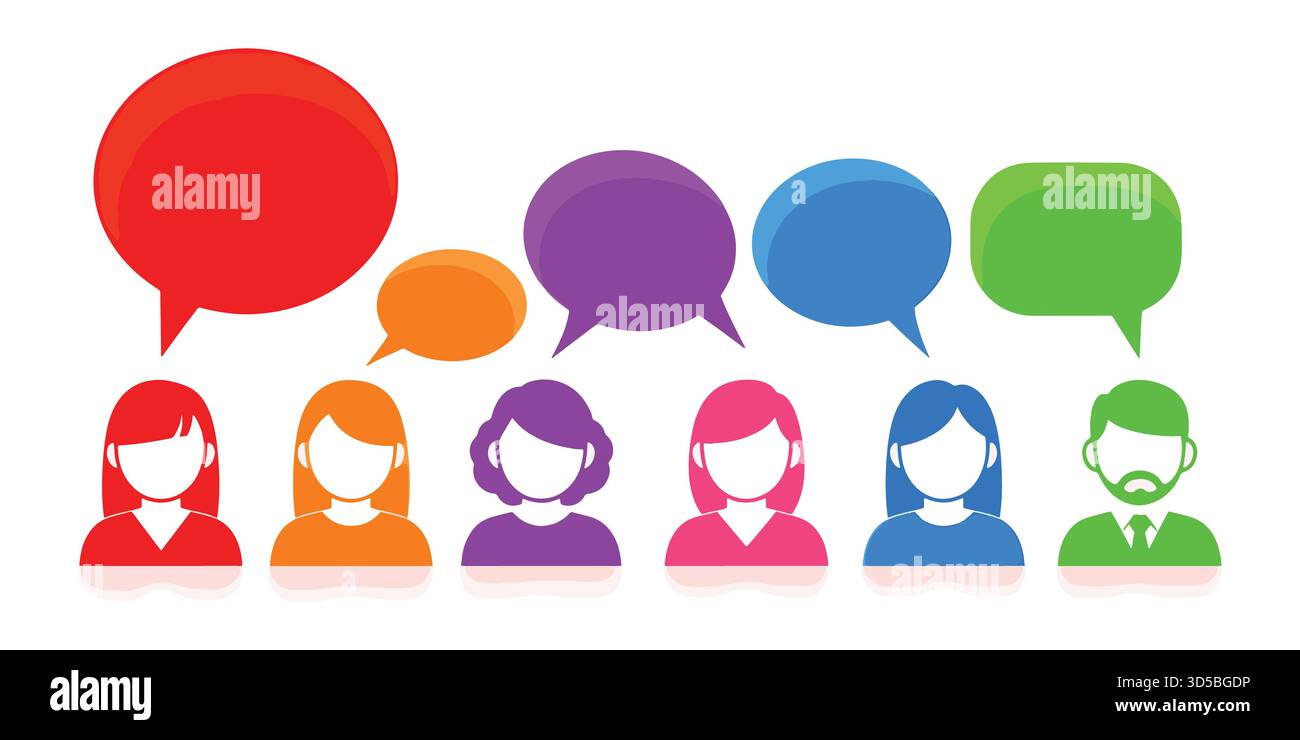 Diverse Group Sharing Ideas with Colorful Speech Bubbles Communication Concept Stock Vector