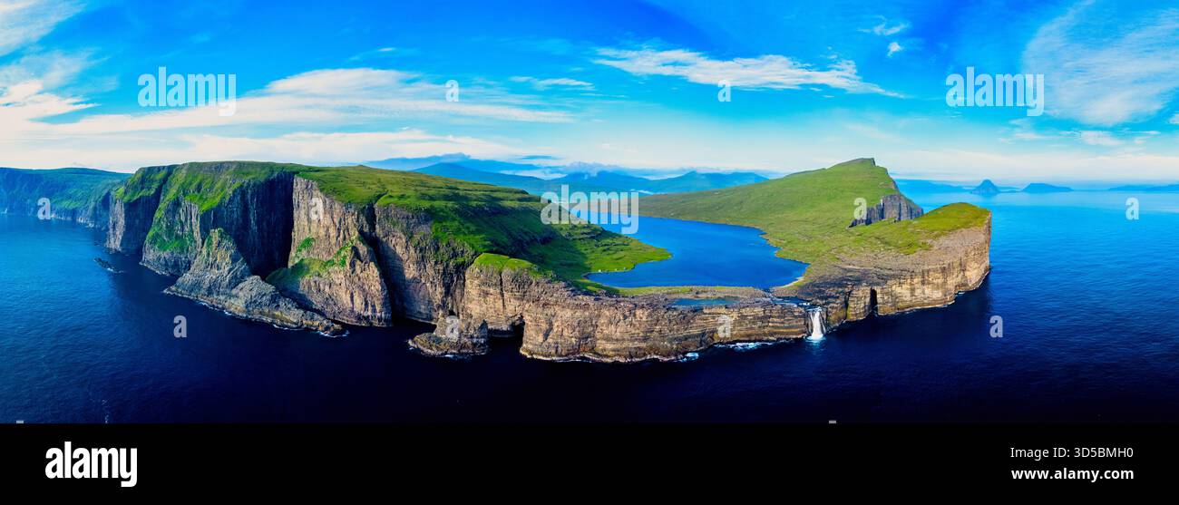 Sorvagsvatn lake on the cliffs of Vagar Island at sunset, Faroe Islands ...