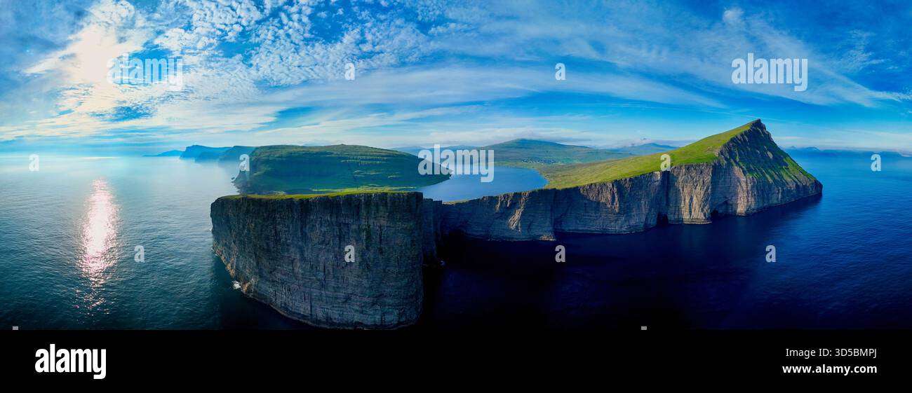Sorvagsvatn lake on the cliffs of Vagar Island at sunset, Faroe Islands ...