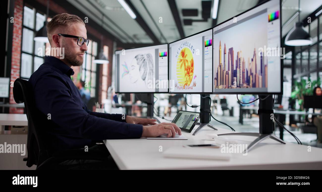 Young Graphic Designer Editing Photos On Computer Using Design Software. Stock Photo