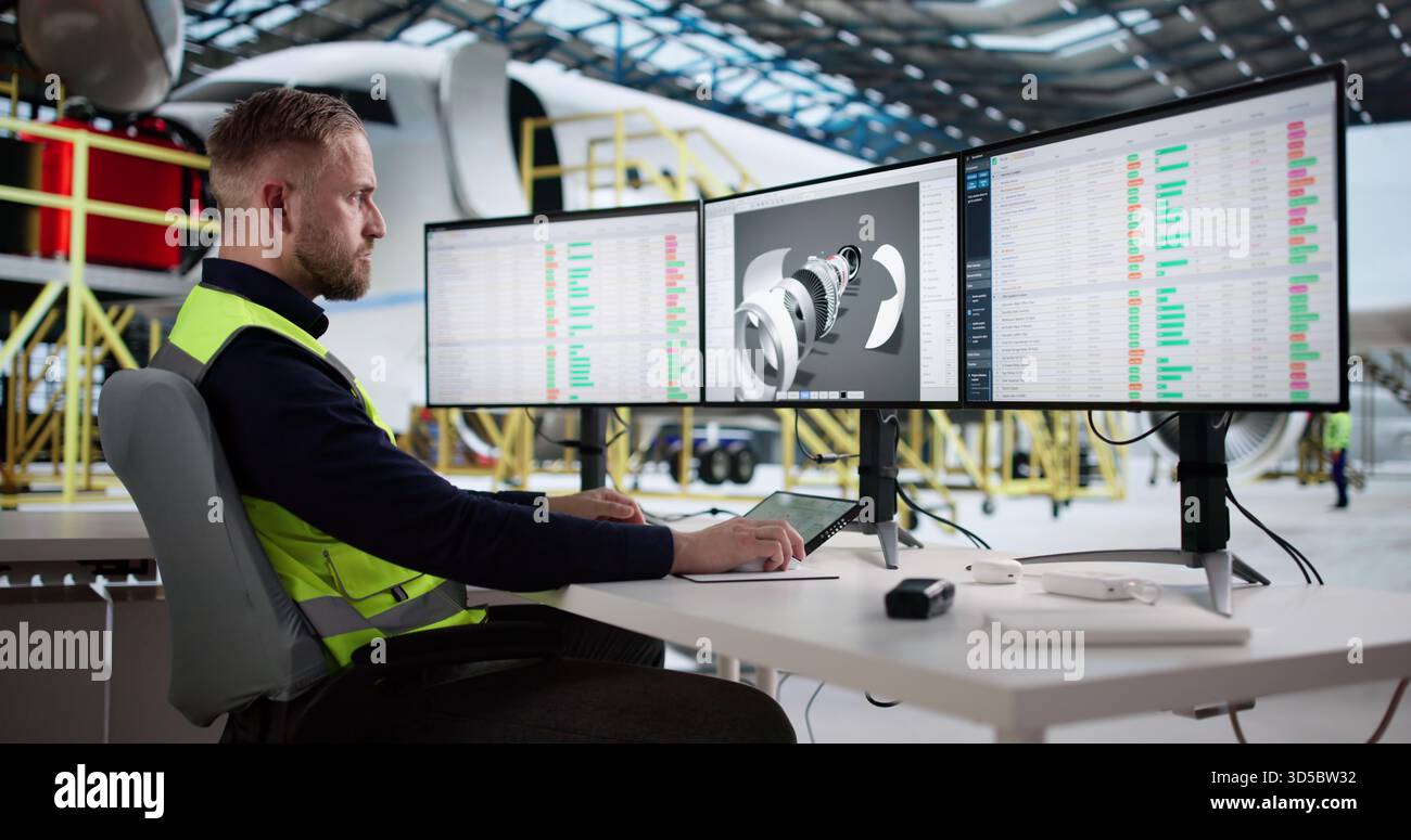 Young Engineer Revolutionizing Aircraft Maintenance With Innovative 3D CAD Technology. Stock Photo